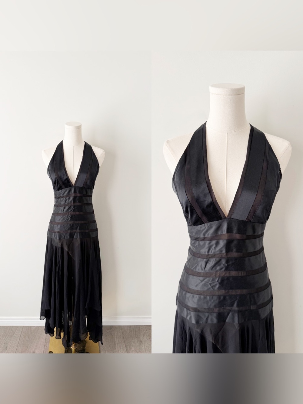 BCBGMAXAZRIA black 100% silk asymmetrical halter dress